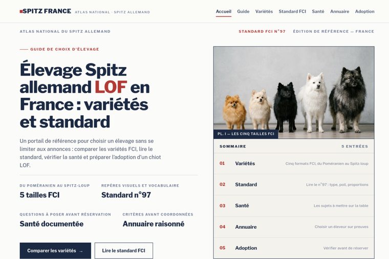 Site d’élevage de Spitz allemand, modèle portail : Le portail de race, par OWAG